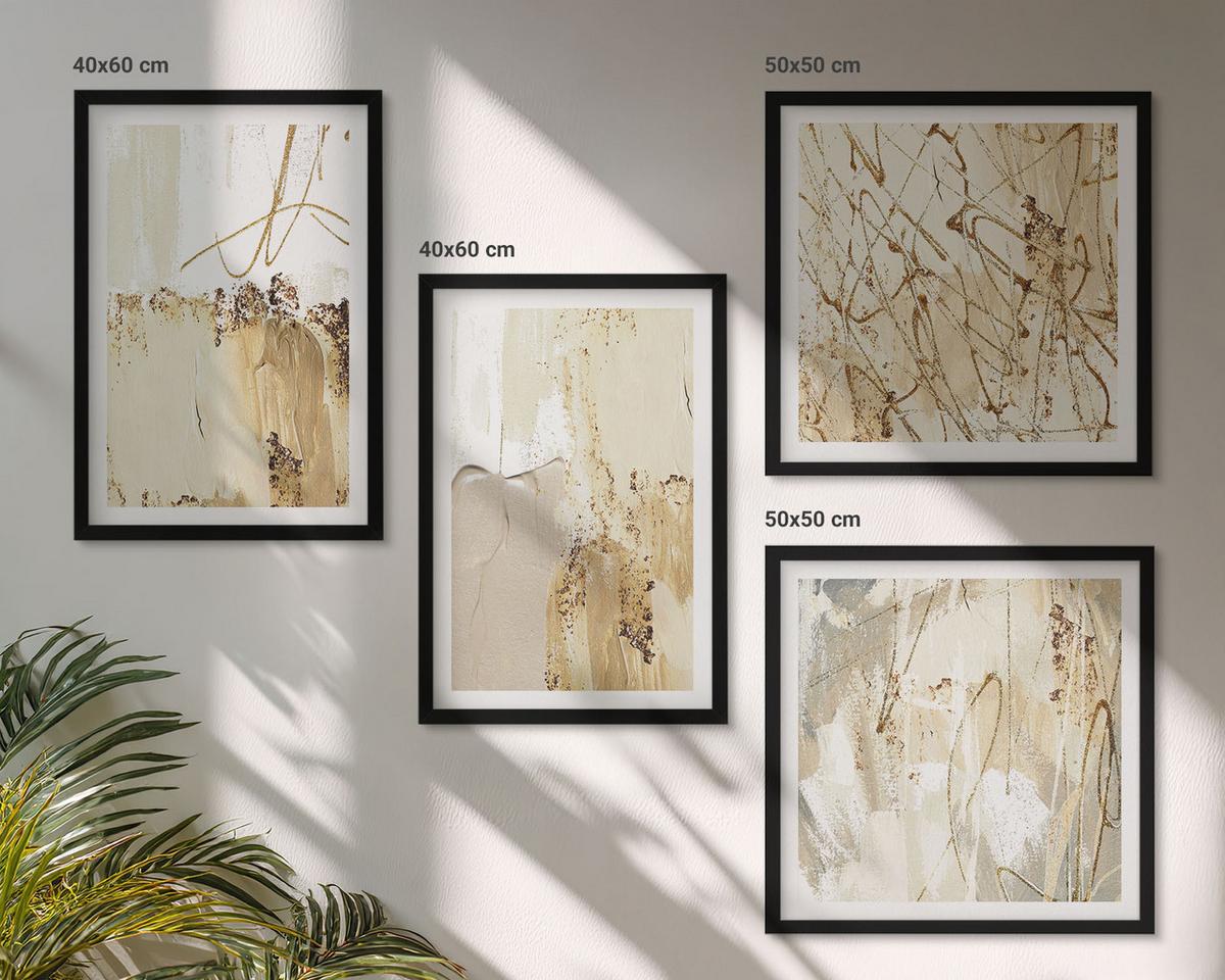 BILDER SET 4er Set - 50x50 cm & 40x60 cm Schwarzer Rahmen - Abstrakte Muster beige weiß - Schwarz, Kunststoff (50/50cm) - TULUP