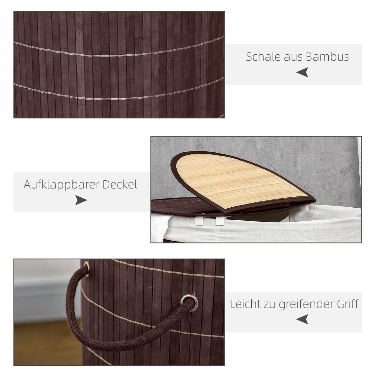 WÄSCHEKORB Wäschebox 100L Wäschesammler mit Deckel, 2 Wäschesäcken, Bambus - Braun, Naturmaterialien (37/60.5/62.5cm) - HOMCOM