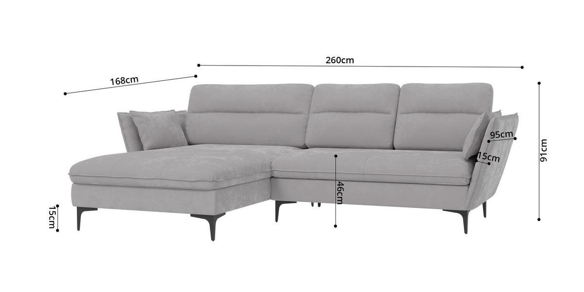 ECKSOFA Mira Hellgrau Samt-Stoff - Hellgrau/Schwarz, Textil/Metall (260/168cm) - S-Style Möbel