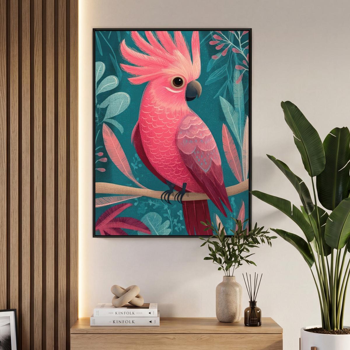 LEINWAND Bilder mit Rahmen - Kakadu - Tropische Blätter - Zweig - 70x100 - Petrol, Textil (70/100cm) - MuchoWow