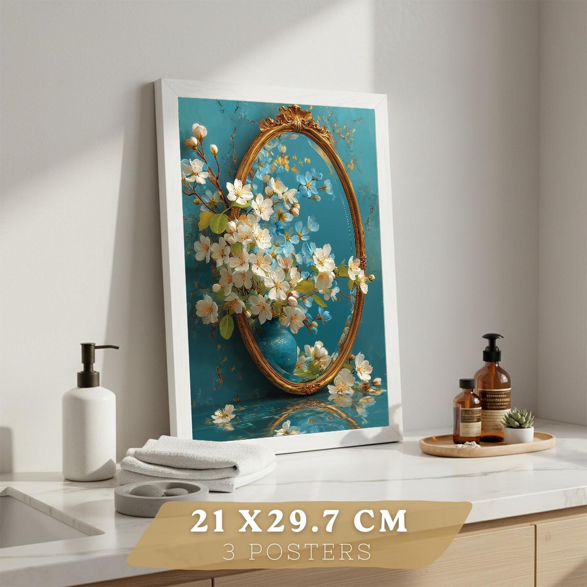 POSTER 3er-Set dekorative Badezimmer-Poster, elegante für Wand, Waschbecken, Dusche, Dekoration mit Armatur, Spiegel und goldener Dusche Rahmenlos A4 - Klar, Papier (29.7/21/3cm) - Nacnic