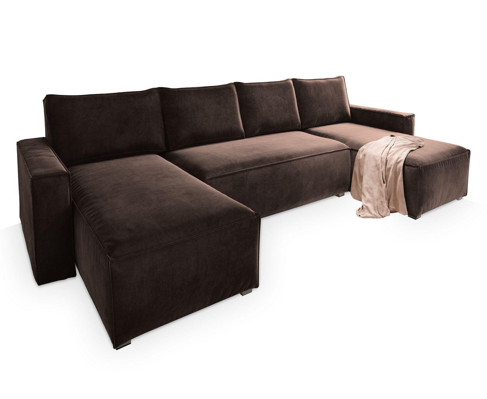WOHNLANDSCHAFT DENI Braun Velours-Stoff mit Schlaffunktion - Braun/Grau, Holz/Kunststoff (295/85/140cm) - MASSENO