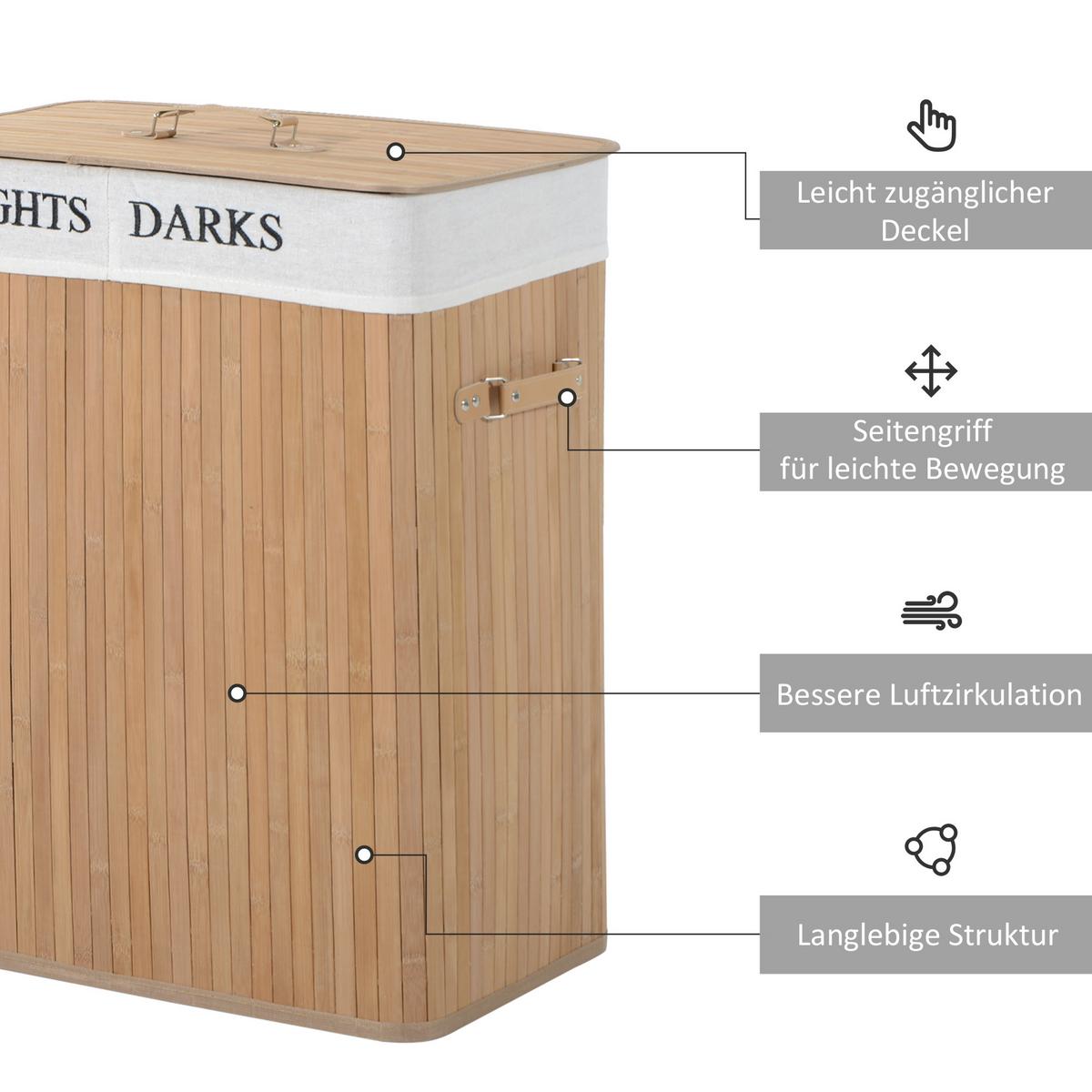100L Wäschekorb Wäschebox Wäschesammler Wäschesortierer 2 x Fach Bambus - Naturfarben, Naturmaterialien (32/63/52cm) - HOMCOM