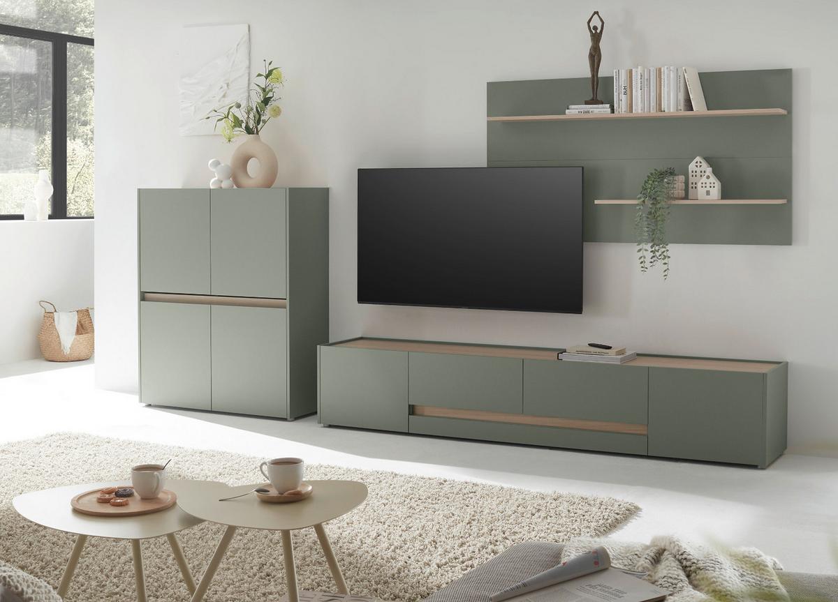 TV-LOWBOARD in Salbei Grün und Eiche, großer TV Unterschrank mit viel Stauraum - Salbeigrün/Eichefarben, Holz/Holzwerkstoff (223/40/45cm) - Furn.Design