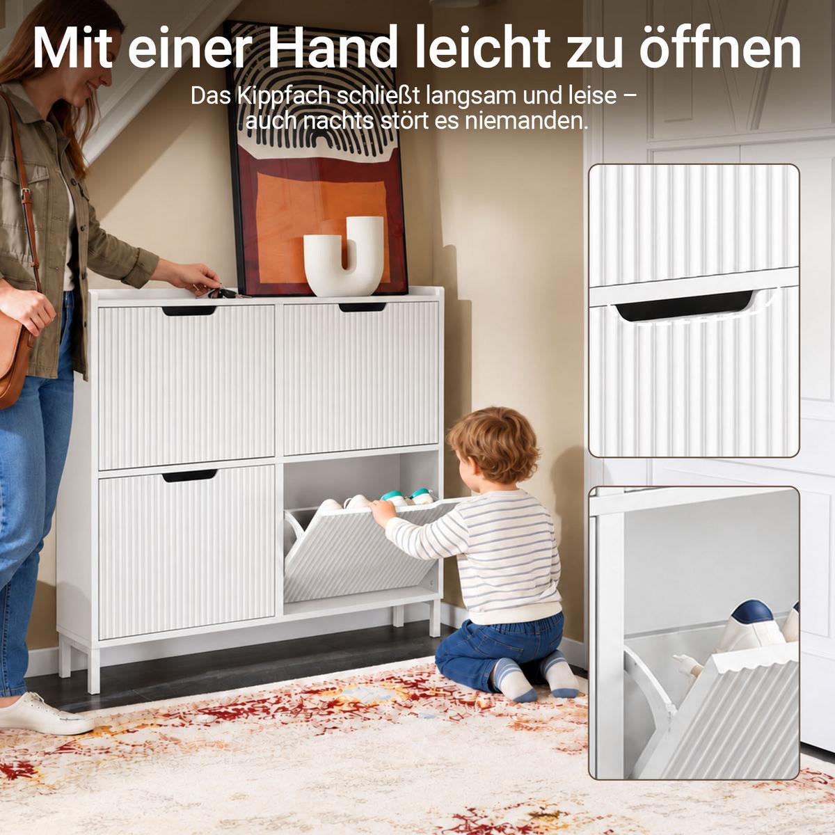 SCHUHSCHRANK mit 4 Klappen schmal 100x91x19cm Weiß Schmal für Flur, Diele & hinter der Tür - Weiß, Holzwerkstoff/Metall (100/91/19cm) - SoBuy