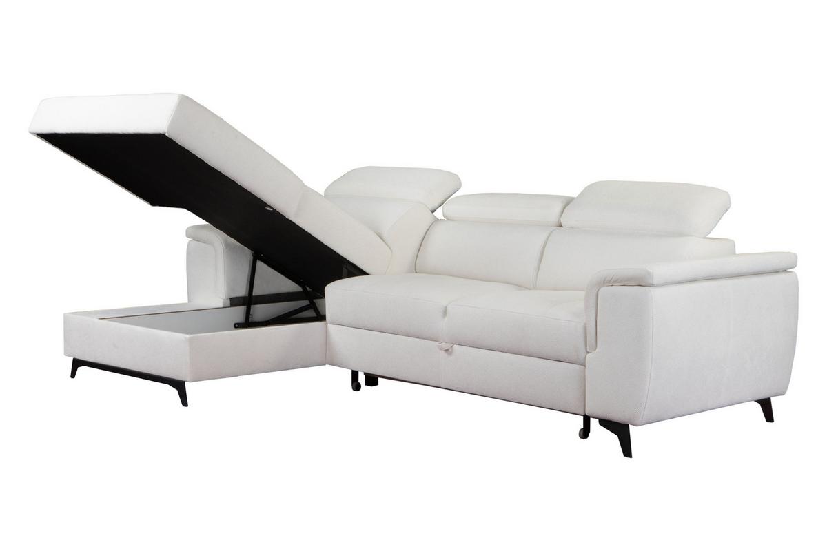 ECKSOFA VOLA Weiß Velours-Stoff mit Schlaffunktion - Weiß, Holz (270/175cm) - MASSENO