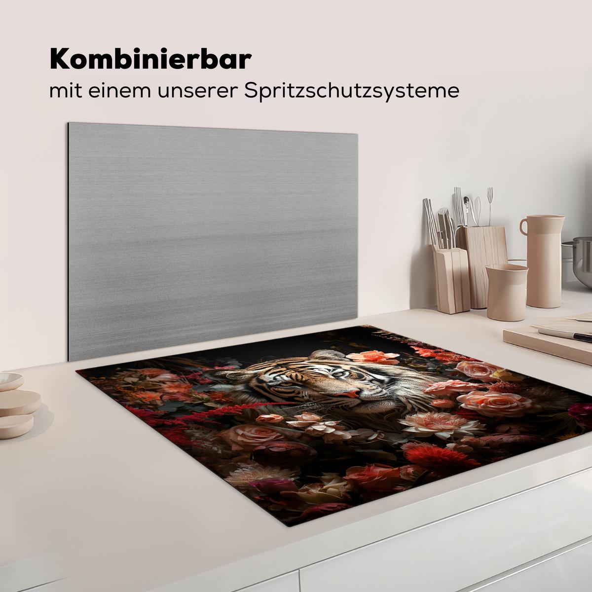 HERDABDECKPLATTE Tiger - Tier - Natur - Floral - Botanisch Induktionsmatte 78x78 cm - Orange, Kunststoff (78/78/0.2cm) - MuchoWow