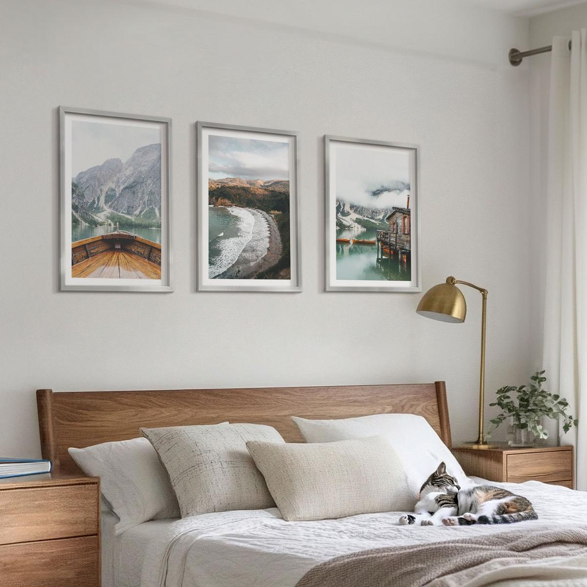 BILDER SET 3er Set - 40x60 cm Silberner Rahmen - Berge, See, Boot, Strand, Landschaft - Silberfarben, Kunststoff (40/60cm) - TULUP