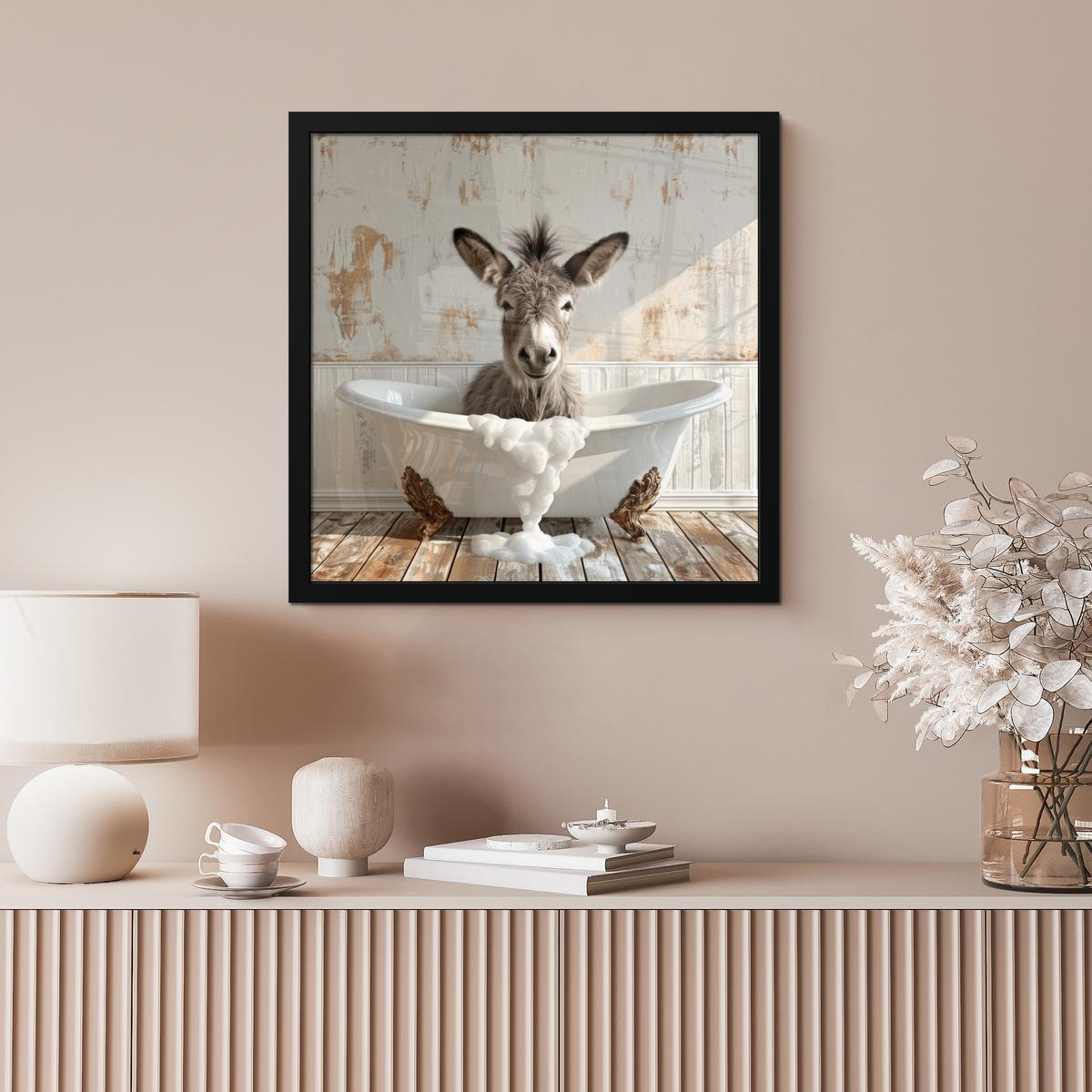 POSTER MIT RAHMENGERAHMTES BILD Esel - Tiere - Badewanne - Schaumstoff 40x40 cm - Weiß, Papier (40/40cm) - MuchoWow