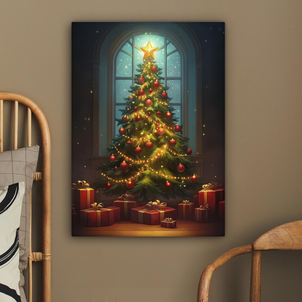 LEINWANDBILD Weihnachtsbaum - Geschenk - Winter Wandbild Wohnzimmer 60x80 cm - Grün, Textil (60/80cm) - MuchoWow