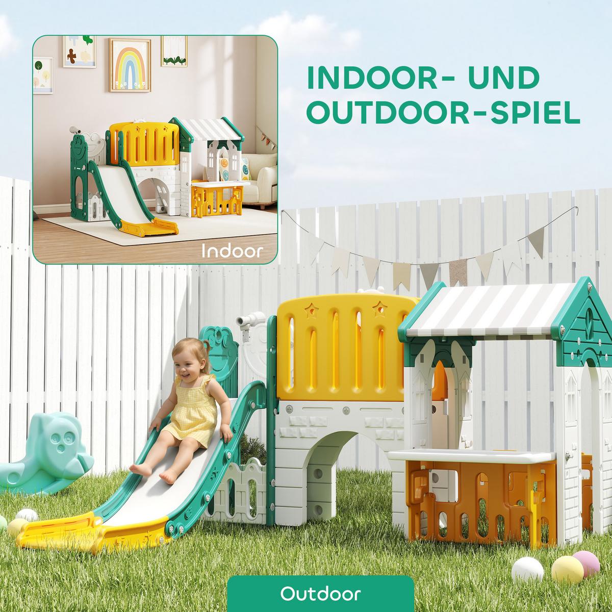 KINDERRUTSCHE 7 in 1 mit Klettergerüst, Basketballkorb, Tunnel, Teleskop - Multicolor, Kunststoff (180/111/189cm) - AIYAPLAY