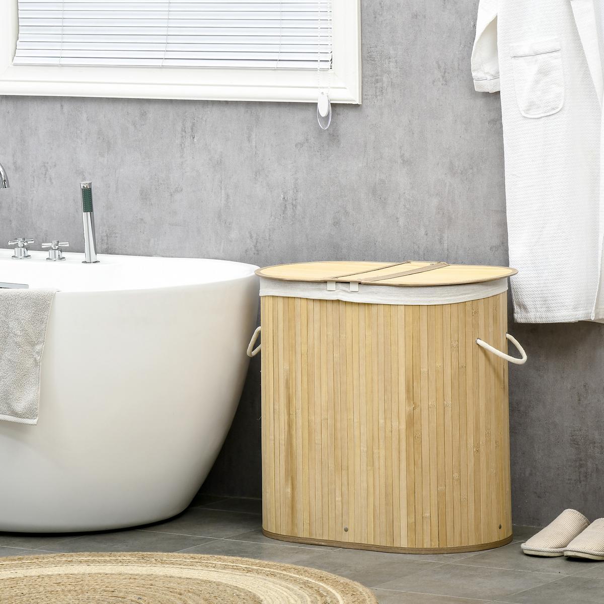WÄSCHEKORB 100L Wäschebox mit Deckel, Griff, 2 Abschnitten Bambus Natur - Naturfarben, Naturmaterialien (37/60.5/62.5cm) - HOMCOM
