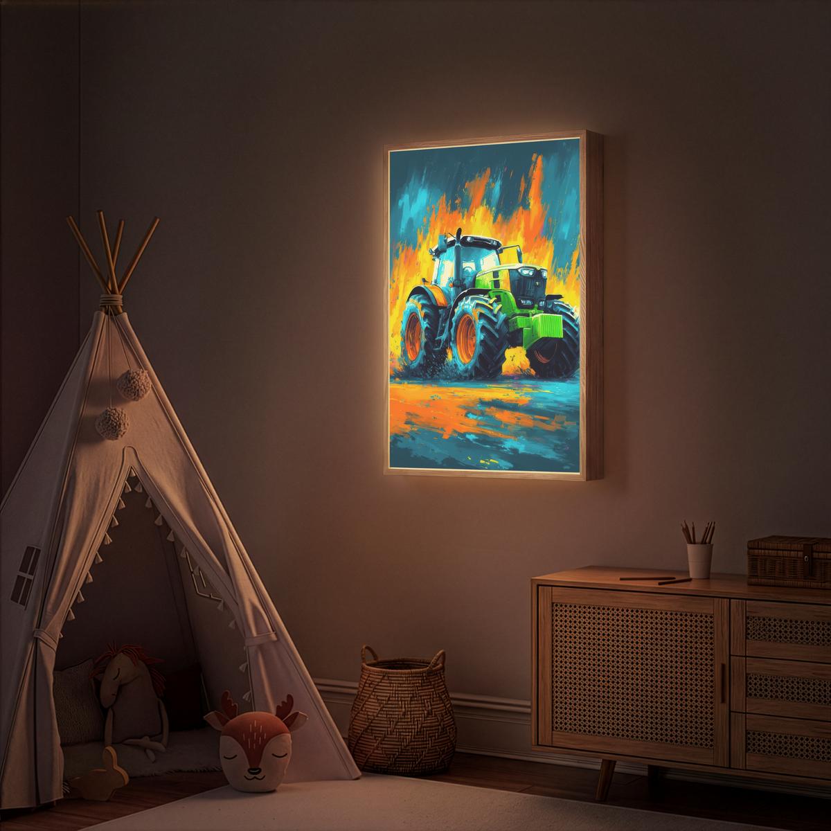 WANDLEUCHTE MIT AKKU Abstrakt - Traktor - Grün 70x100 cm - Dunkelblau, Holzwerkstoff (70/100/8cm) - OnlyWow