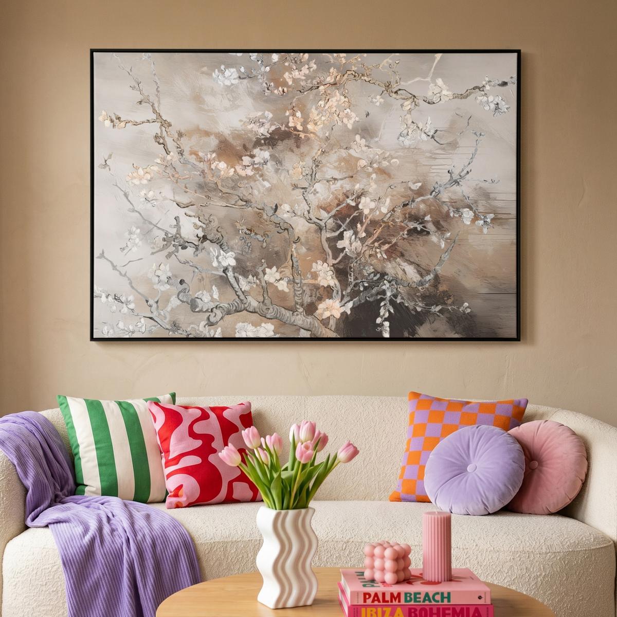 LEINWAND Bilder mit Rahmen - Mandelblüte - Kunst - Van Gogh - Beige - Abstrakt - 140x90 - Braun, Textil (140/90cm) - MuchoWow