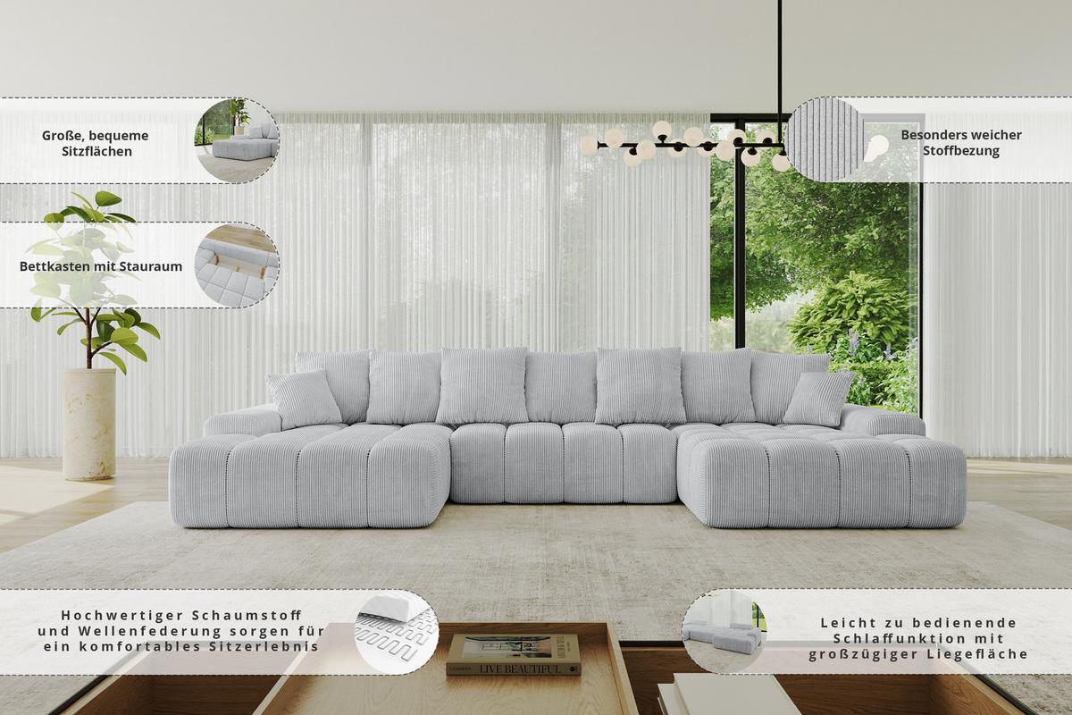 WOHNLANDSCHAFT ENSI-U - 353x164x69 cm Grau - Grau, Holzwerkstoff/Kunststoff (357/69/164cm) - ALTDECOR