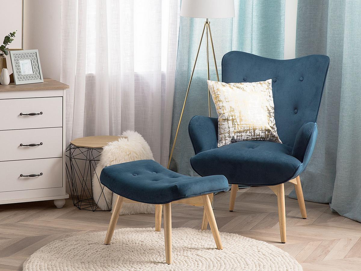 SESSEL Samtstoff blau mit Hocker Vejle - Hellbraun/Blau, Textil (81/100/78cm) - Beliani
