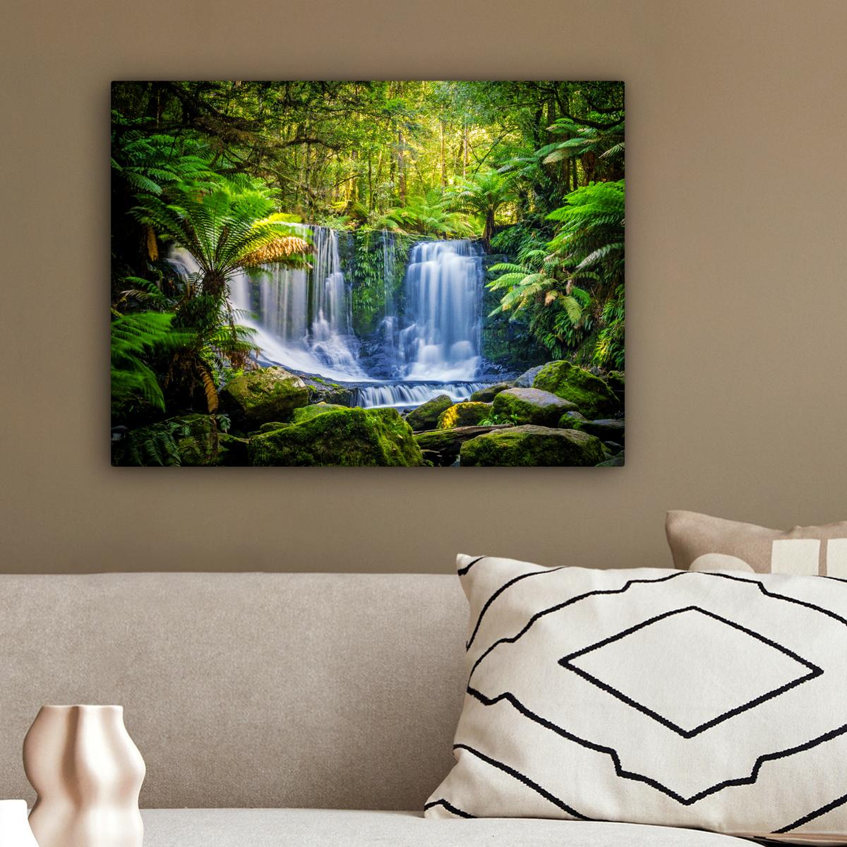 LEINWANDBILD Dschungel - Wasserfall - Australien - Pflanzen - Natur Wandbild 40x30 cm - Dunkelgrün, Textil (40/30cm) - MuchoWow