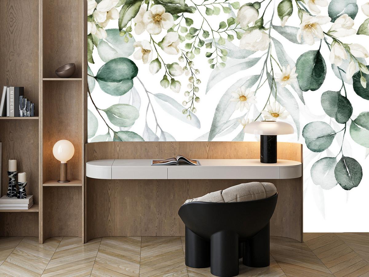 FOTOTAPETE für Schlafzimmer Aquarell Blätter Blumen Weiß 350x256 - Gelb/Weiß, Papier (350/256cm) - Muralo