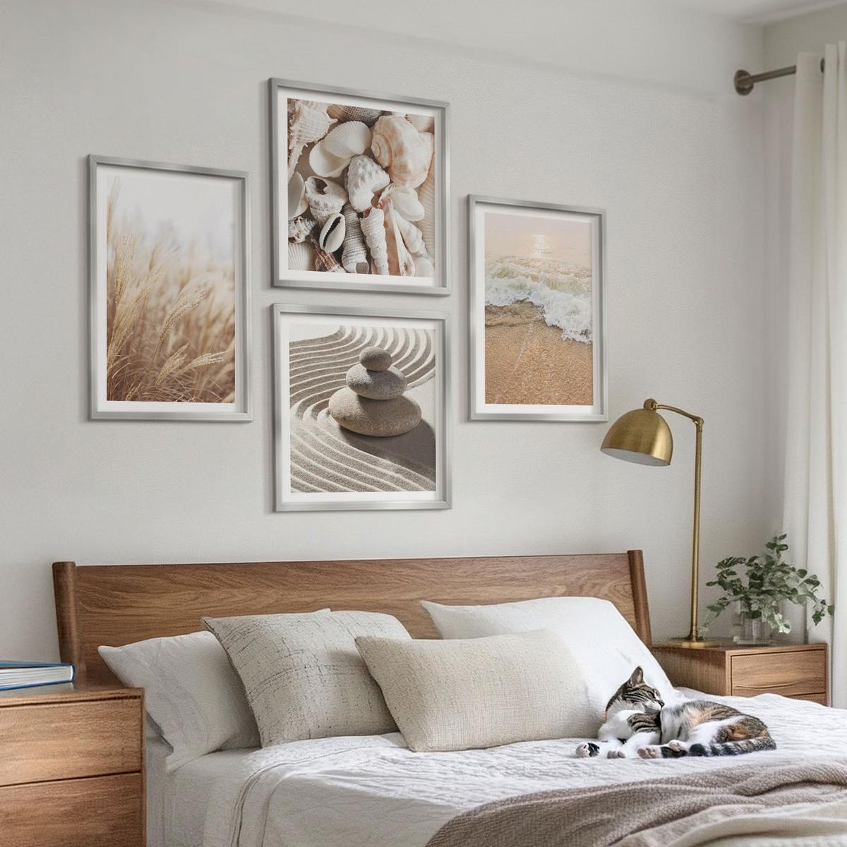 BILDER SET 4er Set - 50x50 cm & 40x60 cm Silberner Rahmen - Strandmotive, Muscheln, Wellen - Silberfarben, Kunststoff (50/50cm) - TULUP