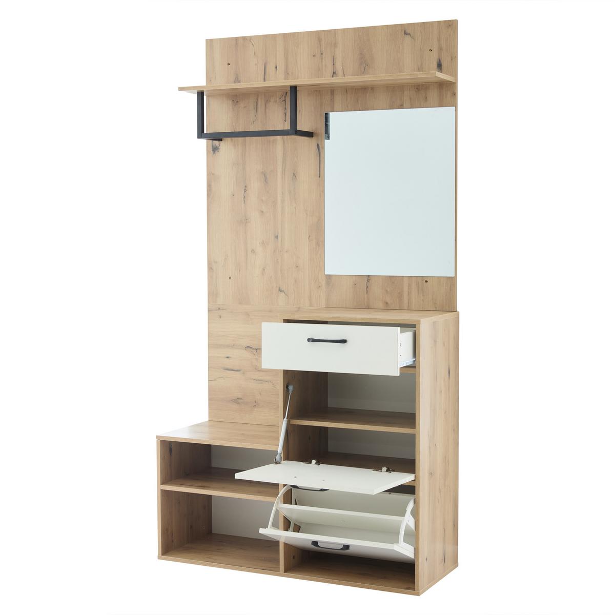 GARDEROBEN-SET 100 cm Weiß Hochglanz & Natur – Kompaktgarderobe mit Spiegel, Schuhbank & Klapptüren - Naturfarben, Holzwerkstoff (100/190/38.5cm) - Urban Meuble