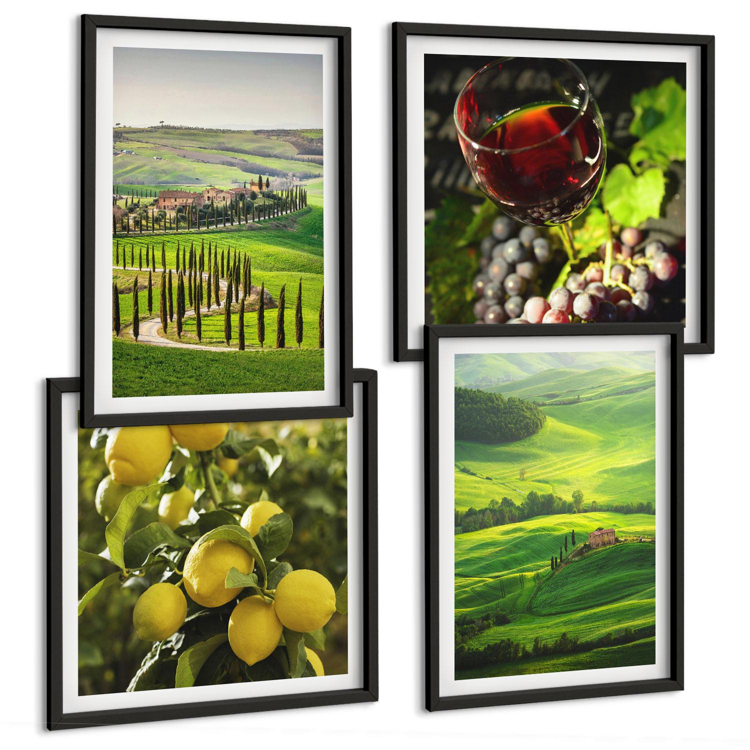 BILDER SET 4er Set - 50x50 cm & 40x60 cm Schwarzer Rahmen - Italienische Landschaften, Zitrushügel - Schwarz, Kunststoff (50/50cm) - TULUP