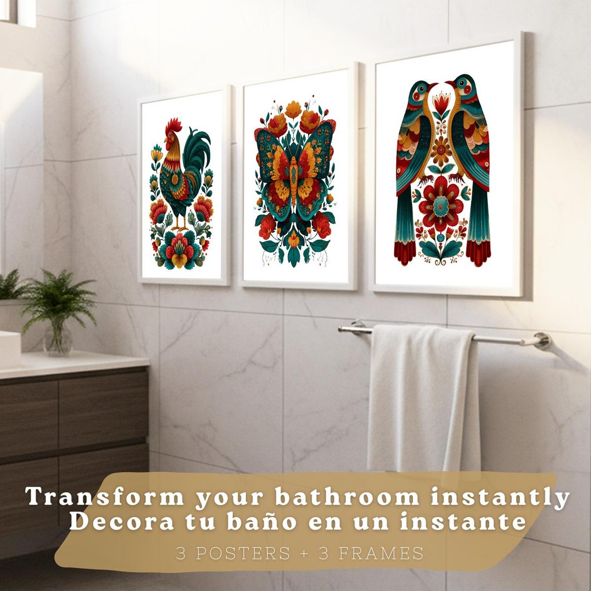 POSTER 3er-Set dekorative Badezimmer-Kunstdrucke, farbenfrohe im Stil der Volkskunst, Toilette mit Hahn, Schmetterling und Vögeln Weißer Rahmen A3 - Weiß, Papier (42/29.7/3cm) - Nacnic