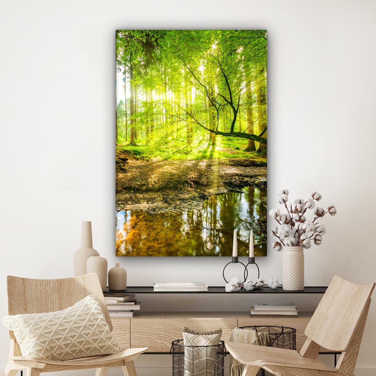 LEINWANDBILD Wald - Landschaft - Wasser - Bäume - Sonne - Grün - Natur Deko XXL 80x120 cm - Grün, Textil (80/120cm) - MuchoWow