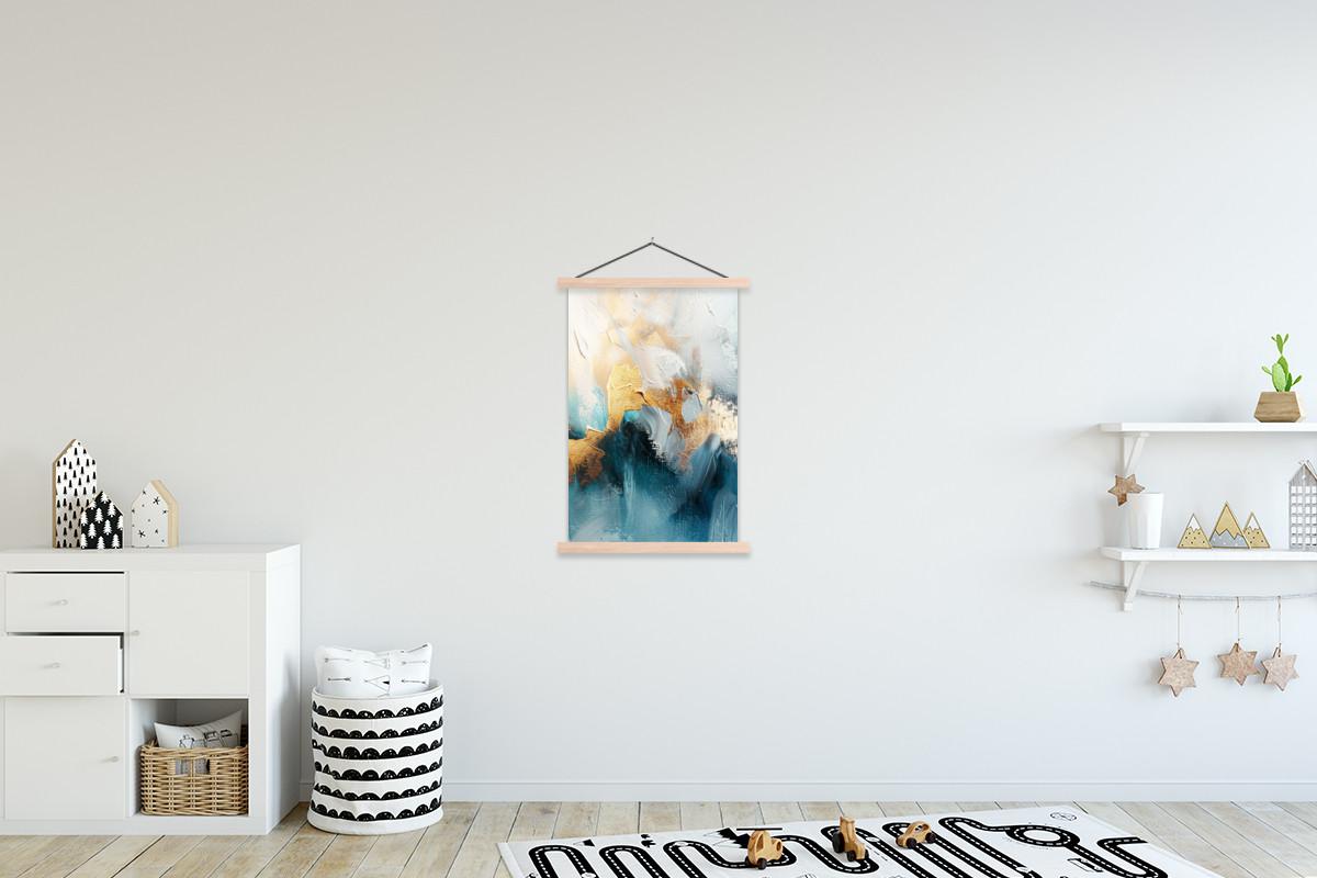 POSTER MIT MAGNETLEISTEN Abstrakt - Kunst - Gold - Blau Wandbild Schlafzimmer 60x90 cm - Petrol, Textil (60/90/0.15cm) - MuchoWow