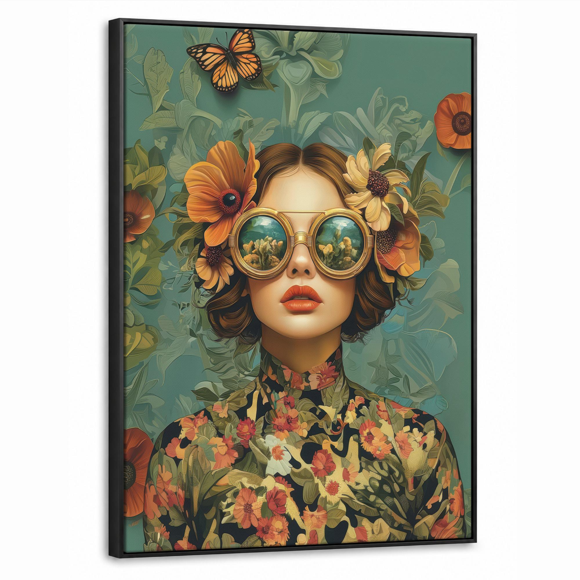 LEINWAND Bilder mit Rahmen - Frau - Blumen - Schmetterlinge - Natur - Vintage - 50x70 - Salbeigrün, Textil (50/70cm) - MuchoWow