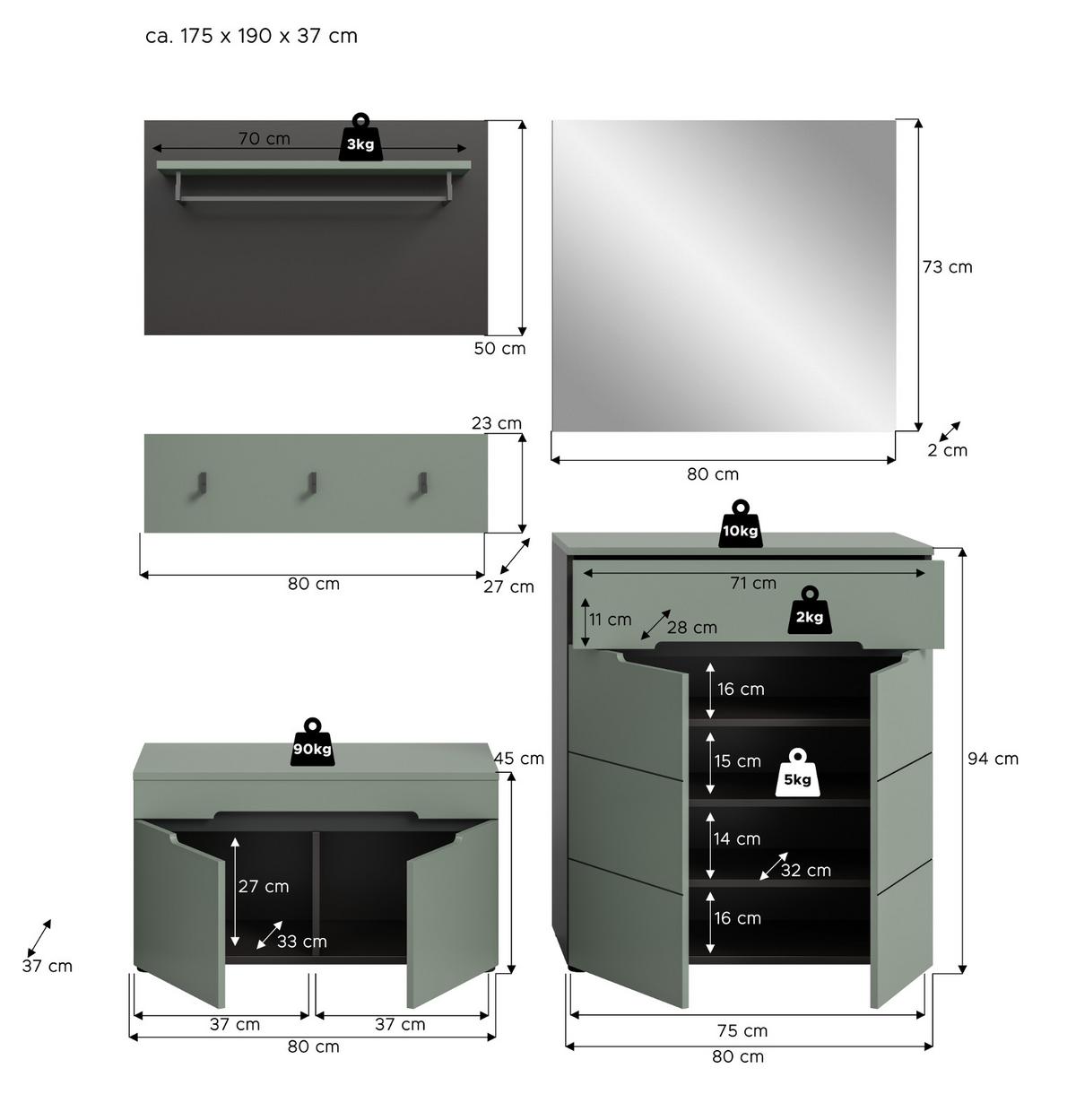 GARDEROBEN-SET Salbei grün, grau 175 cm, Flurmöbel mit Soft-Close - Salbeigrün/Schwarz, Glas/Holzwerkstoff (175/190/37cm) - Inn.Furn