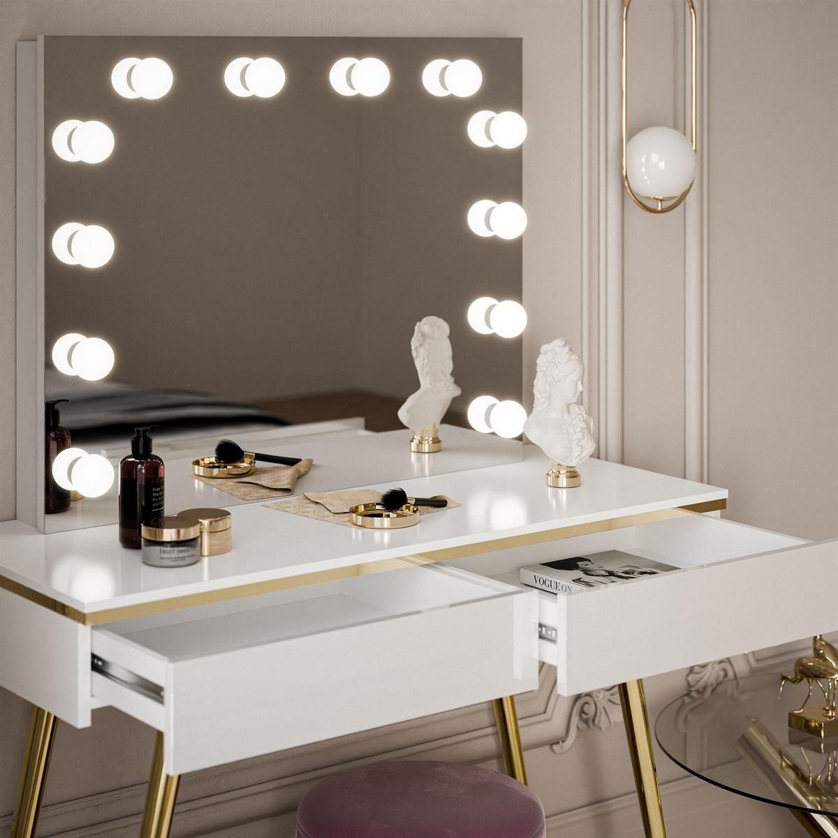 SCHMINKTISCH AURORA-S ELITE in Weiß hochglanz mit Spiegel - Weiß Hochglanz/Goldfarben, Holzwerkstoff/Metall (102/145/44cm) - Lookway