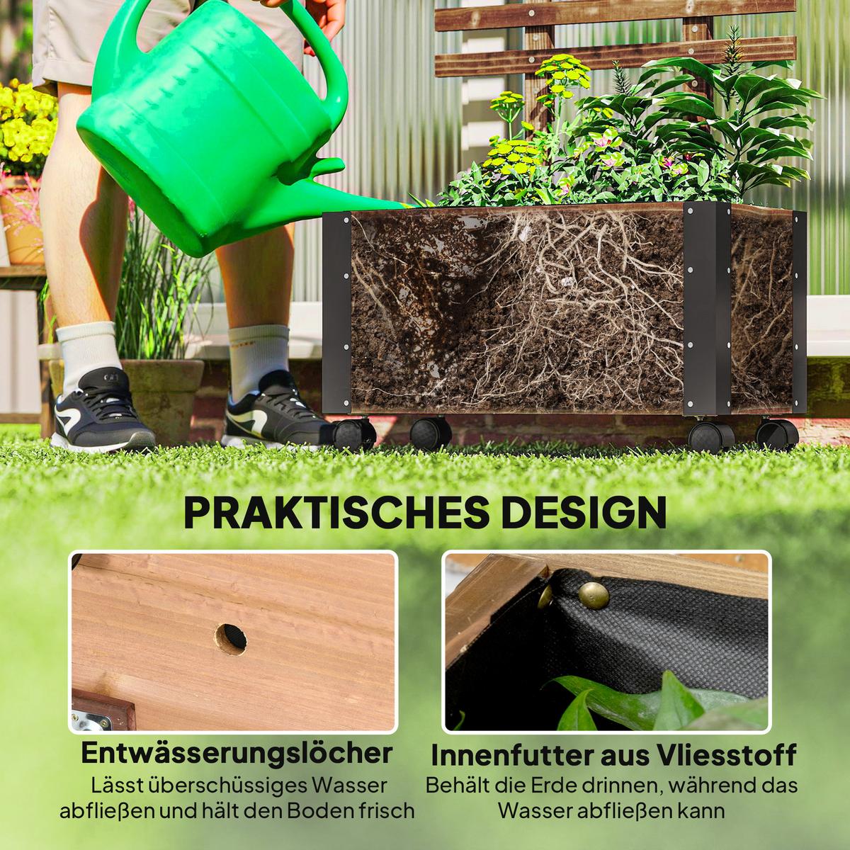 HOCHBEET mit Rankgitter, Blumenkasten mit Rollen, für Kletterpflanzen, Holz, Verkohlt - Dunkelbraun, Holz (31/147/65cm) - Outsunny