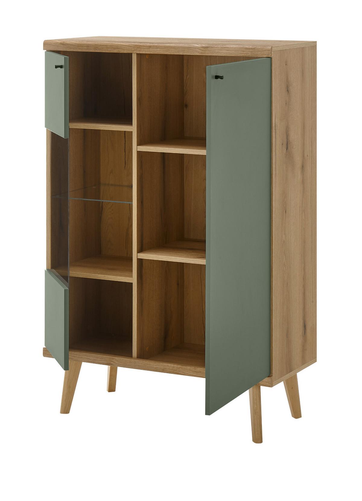 HIGHBOARD Salbei, Eiche Evoke, skandinavisch 90 x 134 cm, Kommode 2-türig mit Glaselement - Salbeigrün/Eichefarben, Glas/Holz (90/134/40cm) - Furn.Design