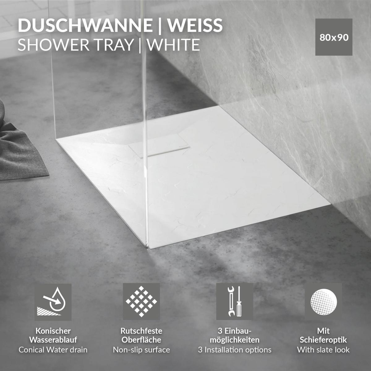 DUSCHWANNE 90x80 cm Weiß mit Ablaufgarnitur aus SMC - Weiß, Kunststoff (80/3/90cm) - LuxeBath