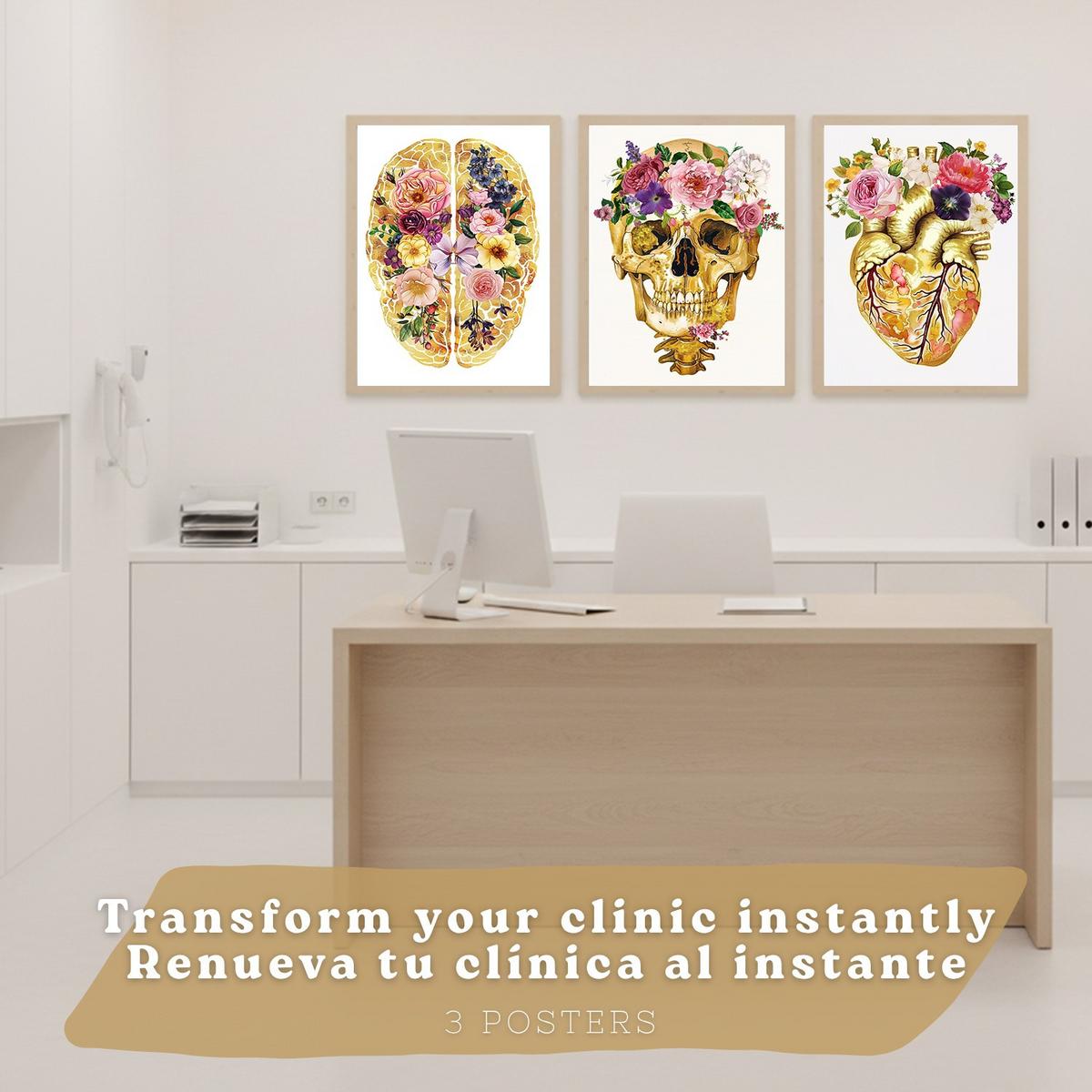 POSTER Set aus 3 Anatomie Mensch Drucke und mit Schädel Gehirn und Herz Goldene Florale Künstlerische Illustration Größe Leichter Holzrahmen A3 - Beige, Papier (29.7/42/3cm) - Nacnic