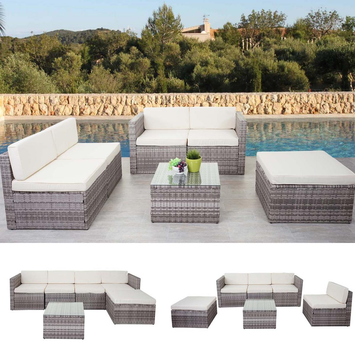 POLY-RATTAN-GARNITUR Grau, Cremeweiß - Weiß/Grau, Kunststoff - MCW