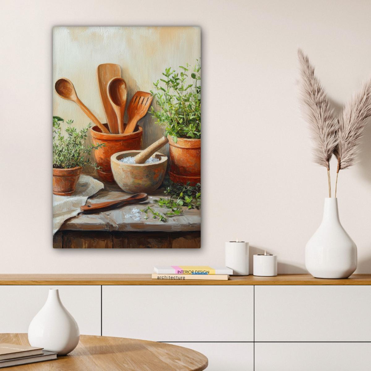 LEINWANDBILD Töpfe - Kräuter - Holz Wanddeko 40x60 cm - Terracotta, Textil (40/60cm) - MuchoWow