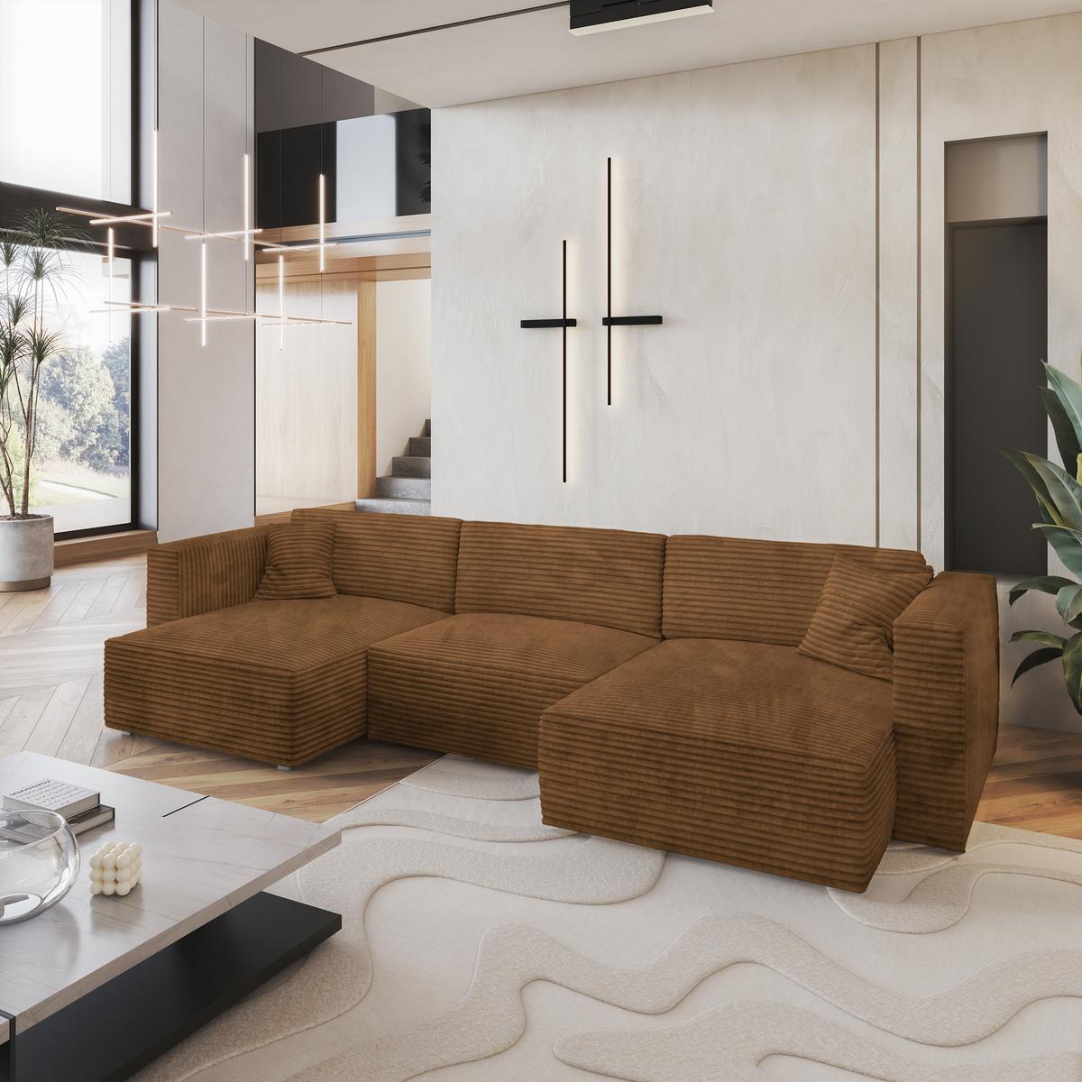 WOHNLANDSCHAFT SARMO Kupferfarben Kordstoff mit Schlaffunktion - Grau/Kupferfarben, Holz/Kunststoff (347/90/148cm) - MASSENO