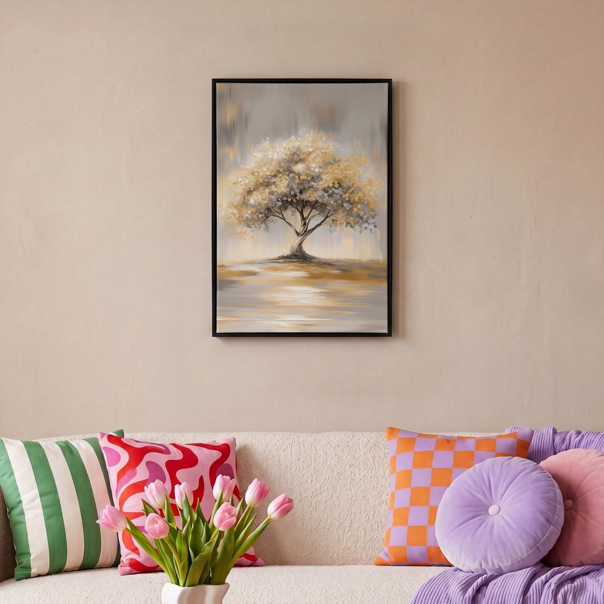 LEINWAND Bilder mit Rahmen - Gemälde - Baum - Abstrakt - Blätter - 40x60 - Beige, Textil (40/60cm) - MuchoWow