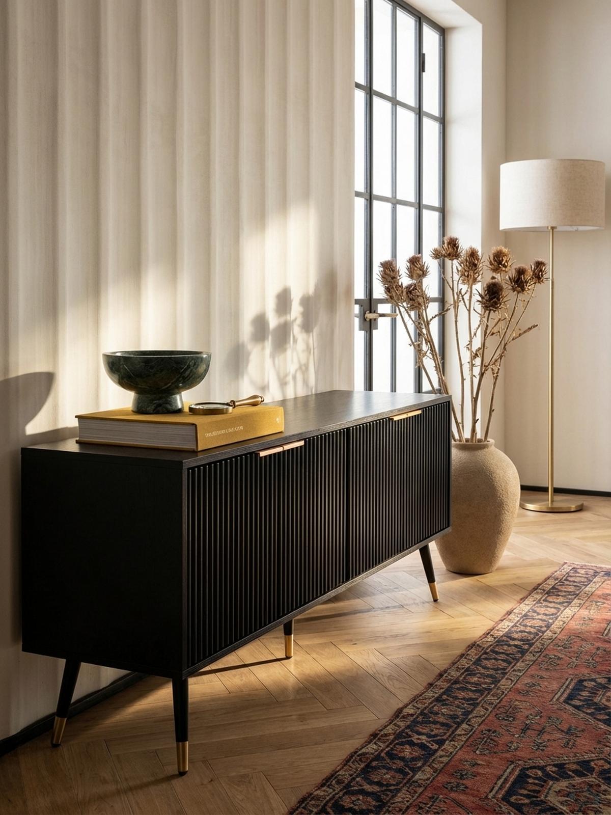 LOWBOARD Schwarz Eiche-Dekor Modern Stil 150x60x39 cm mit Türen - Schwarz, Holzwerkstoff/Metall (150/60/39cm) - KADIMA DESIGN
