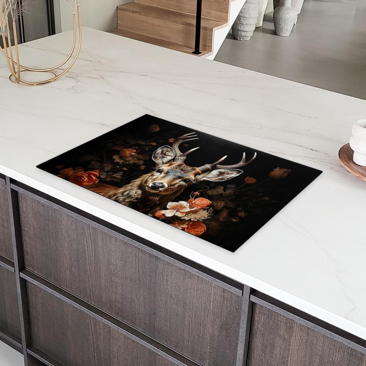 HERDABDECKPLATTE Hirsch - Tier - Blumen - Natur - Botanisch Abdeckung Ceranfeld 81.2x52 cm - Kupferfarben, Kunststoff (81.2/52/0.2cm) - MuchoWow