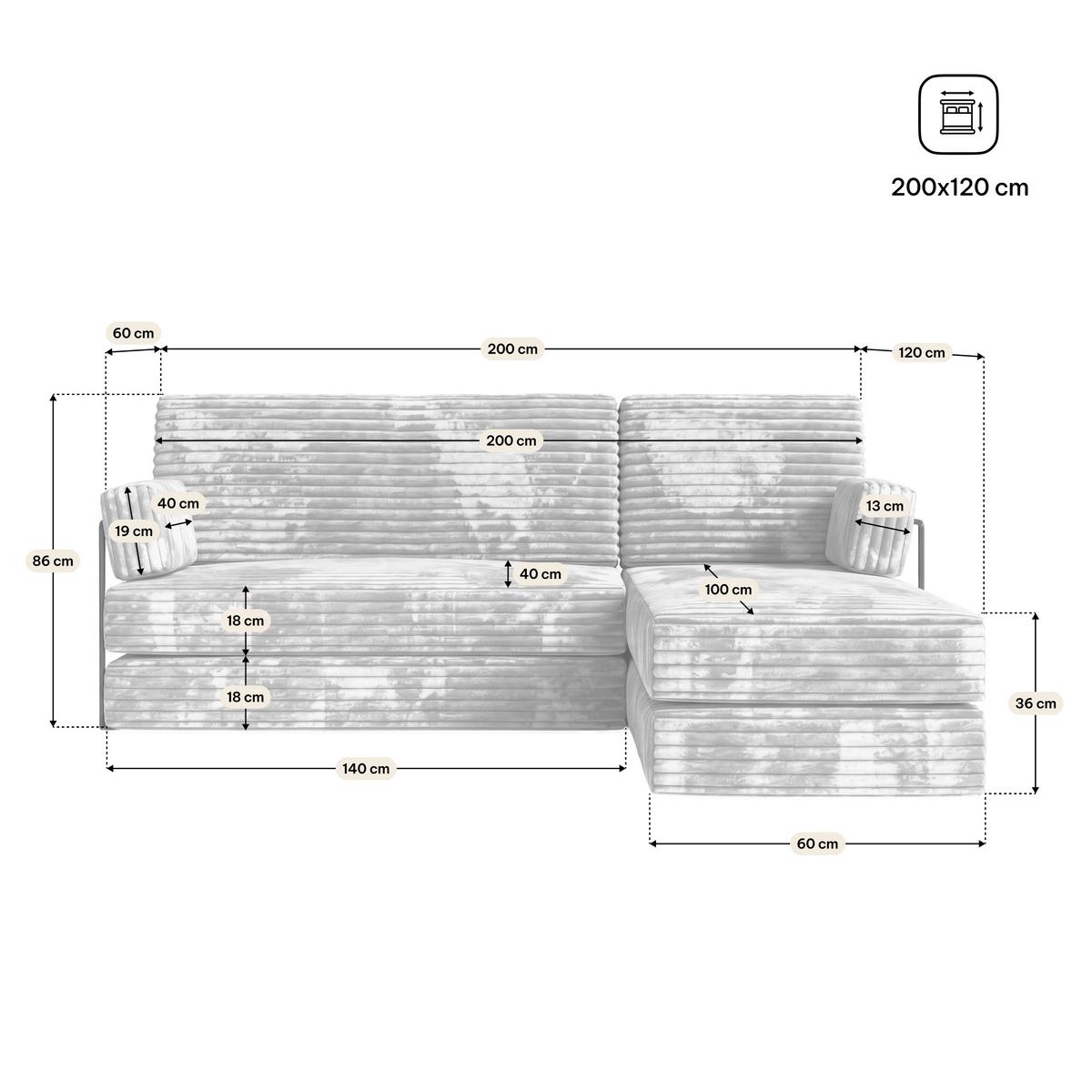 ECKSOFA NOTIA modulares Boneless Sofa mit Schlaffunktion Hellgrau Kordstoff - Hellgrau, Textil (200/120cm) - MASSENO