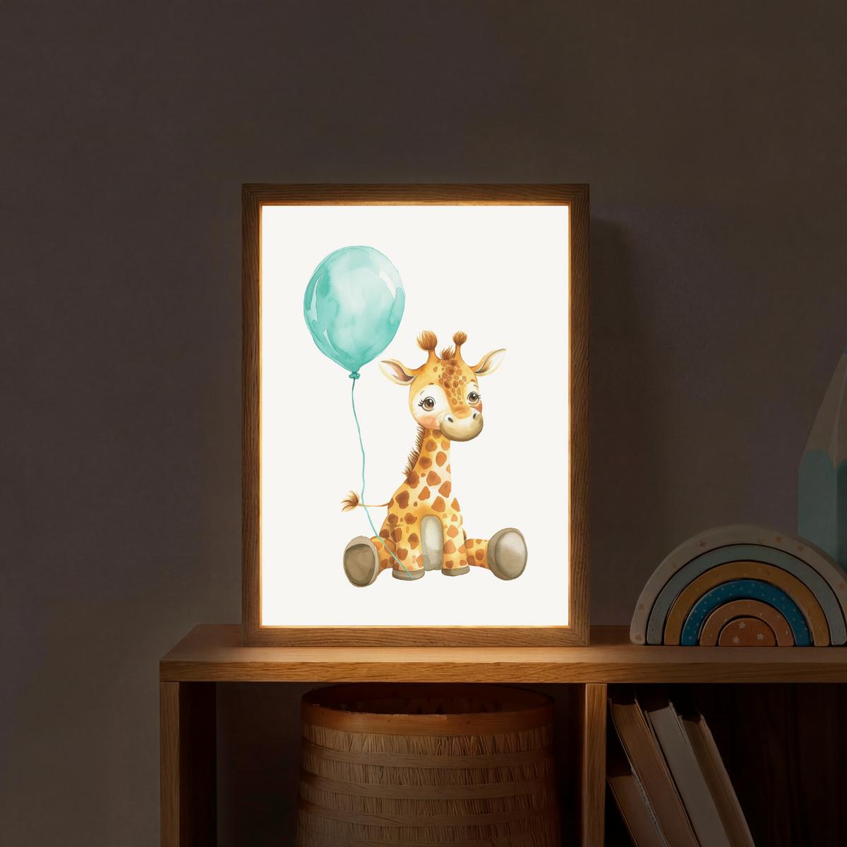 WANDLEUCHTE MIT AKKU Giraffe - Baby - Tiere - Blauer Ballon 30x40 cm - Weiß, Holzwerkstoff (30/40/8cm) - OnlyWow