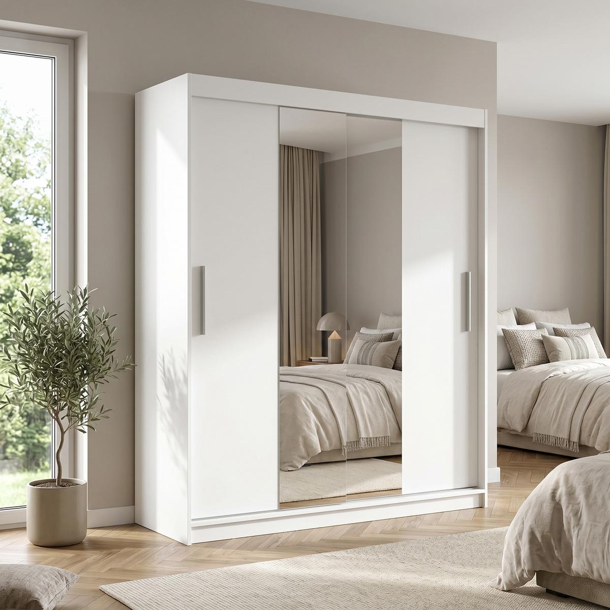 SCHWEBETÜRENSCHRANK VIVA 200/215,5/59cm 2-türig mit Spiegel Weiß - Weiß, Holzwerkstoff (200/215.5/59cm) - MASSENO