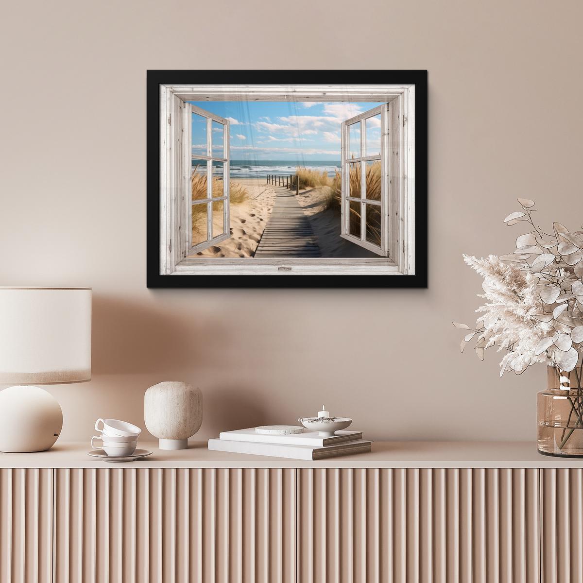 POSTER MIT RAHMENGERAHMTES BILD Fenster - Meer - Küste - Natur - Ausblick - Strand - Wattenmeer 40x30 cm - Beige, Papier (40/30cm) - MuchoWow