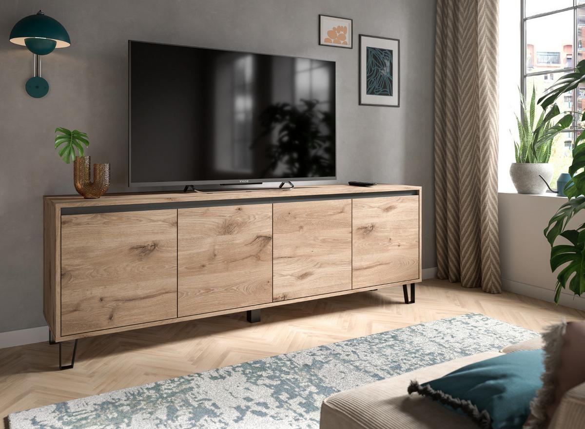TV-LOWBOARD Eiche Viking 184 cm, Flat-TV Unterschrank mit Komforthöhe und Soft-Close - Eichefarben/Schwarz, Holz/Holzwerkstoff (184/64/40cm) - Inn.Furn