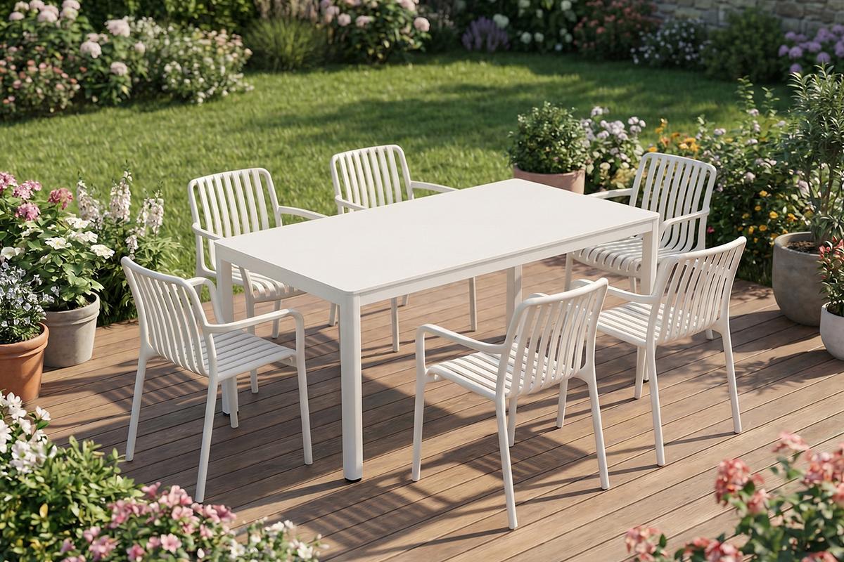 GARTEN-ESSGRUPPE MIAVA 7ER SET Cremeweiß Keramik, Kunststoff Stapelbar - Creme, Keramik - KAWOLA