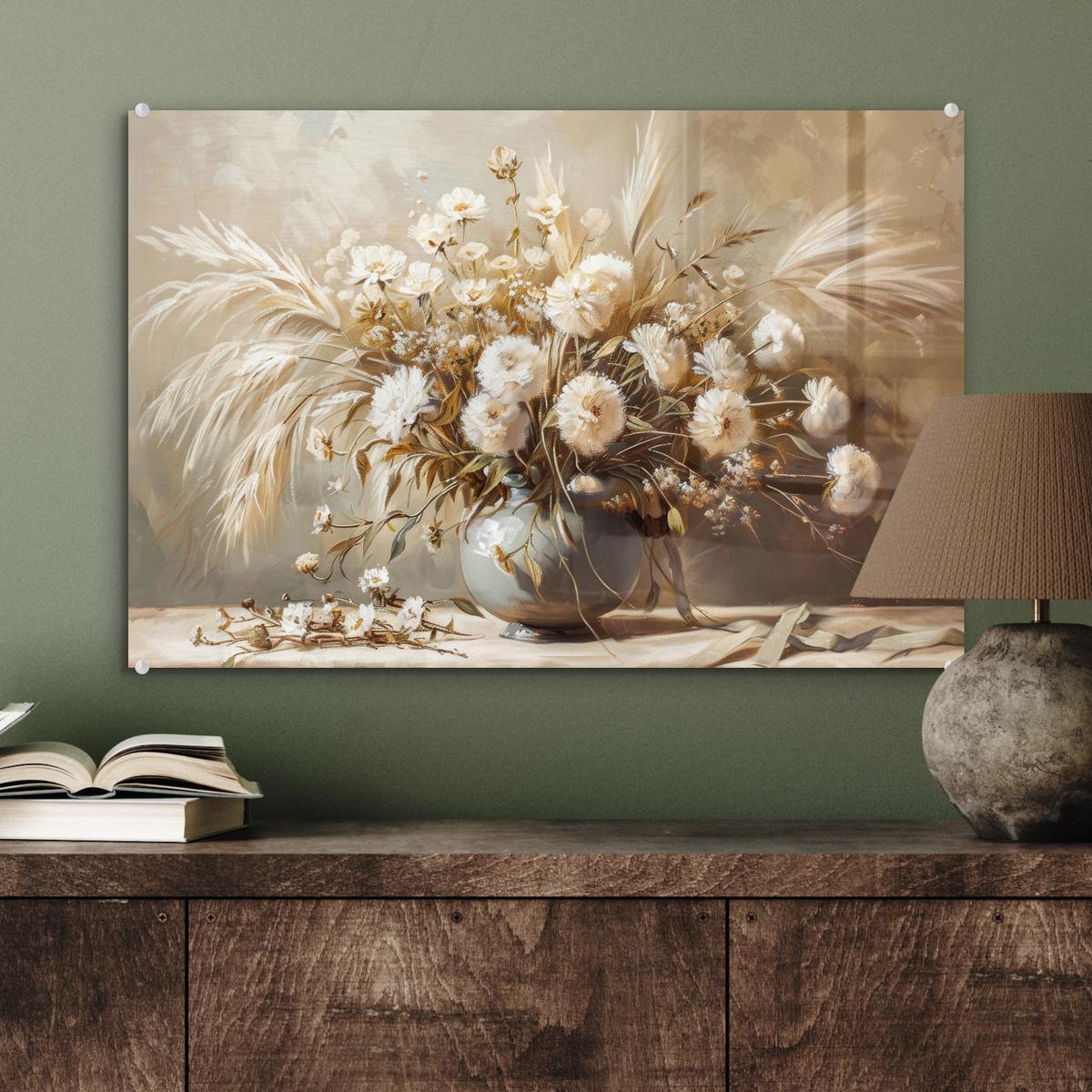 ACRYLGLASBILD Blumen - Vase - Stilleben - Beige Wanddeko 60x40 cm - Creme, Glas (60/40cm) - MuchoWow