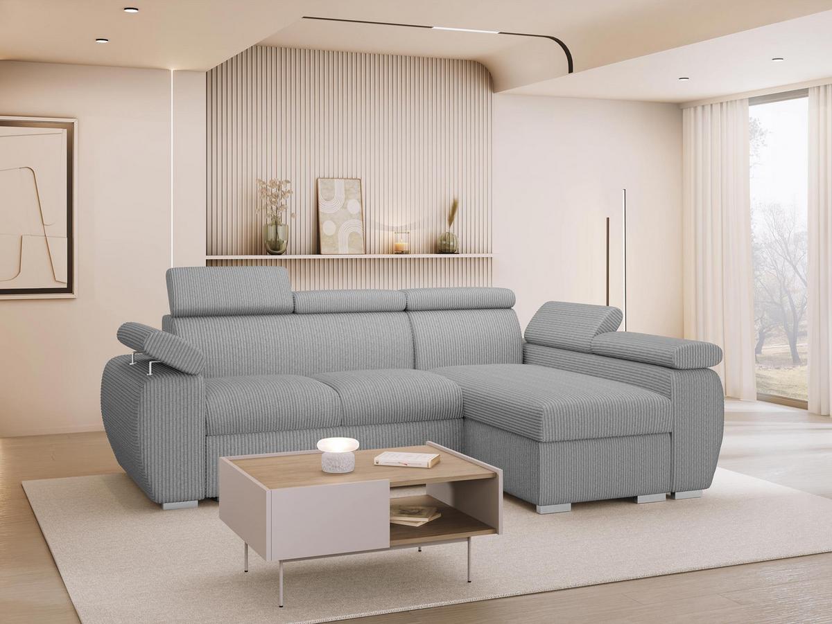 ECKSOFA Boston Mini Premium Cord 2RLC Seite: Rechts 2R+LC - Chromfarben/Hellgrau, Holz/Textil (255/170cm) - MIRJAN24