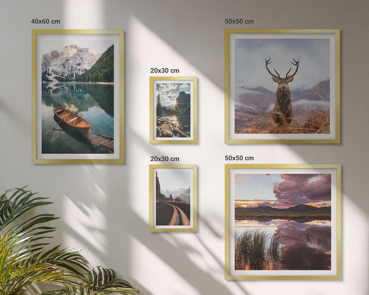 BILDER SET 5er Set - 50x50 cm & 20x30 cm & 40x60 cm Goldrahmen - Bergsee, Bootsfahrt, Sonnenuntergang, Hirsche - Goldfarben, Kunststoff (40/60cm) - TULUP